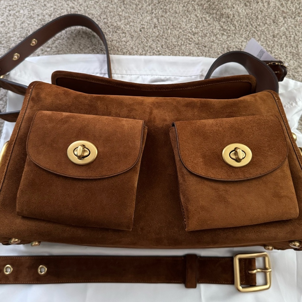 Coach Brown Suede Double Pocket Crossbody Bag with Gold Hardware